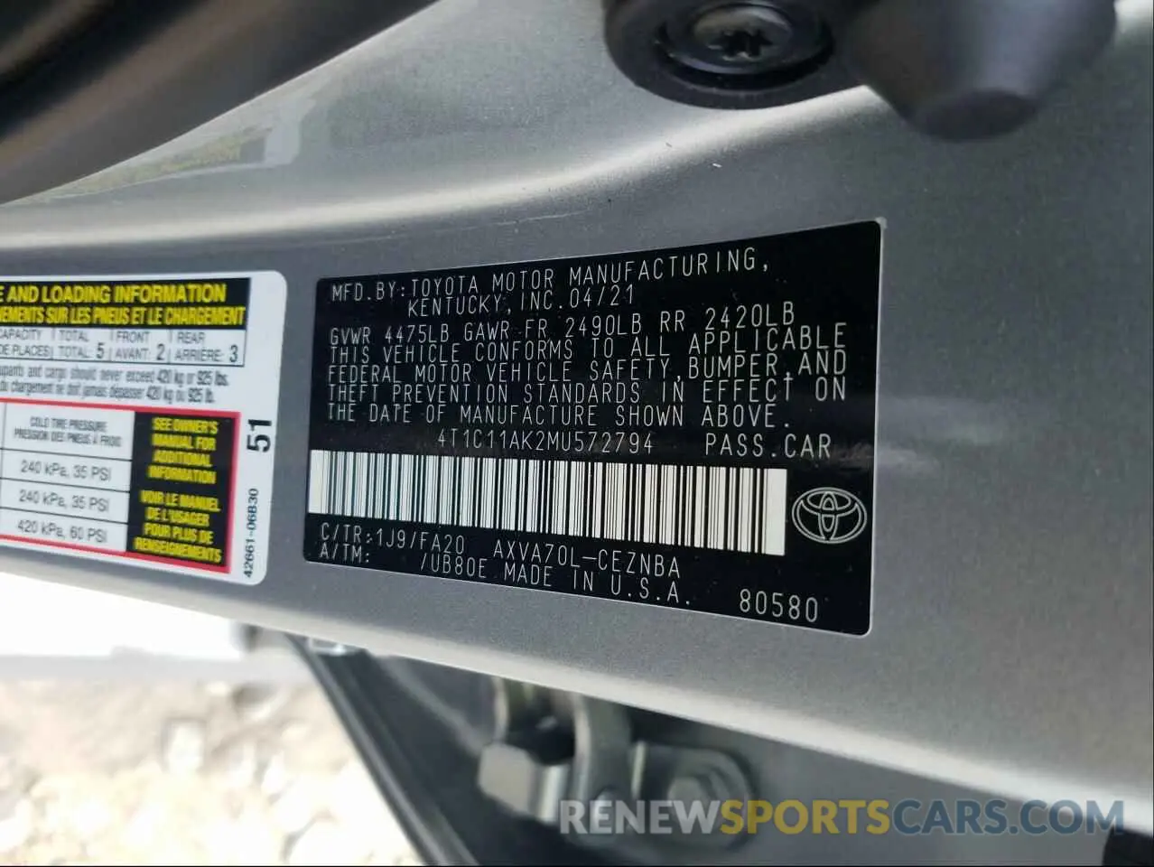 10 Photograph of a damaged car 4T1C11AK2MU572794 TOYOTA CAMRY 2021