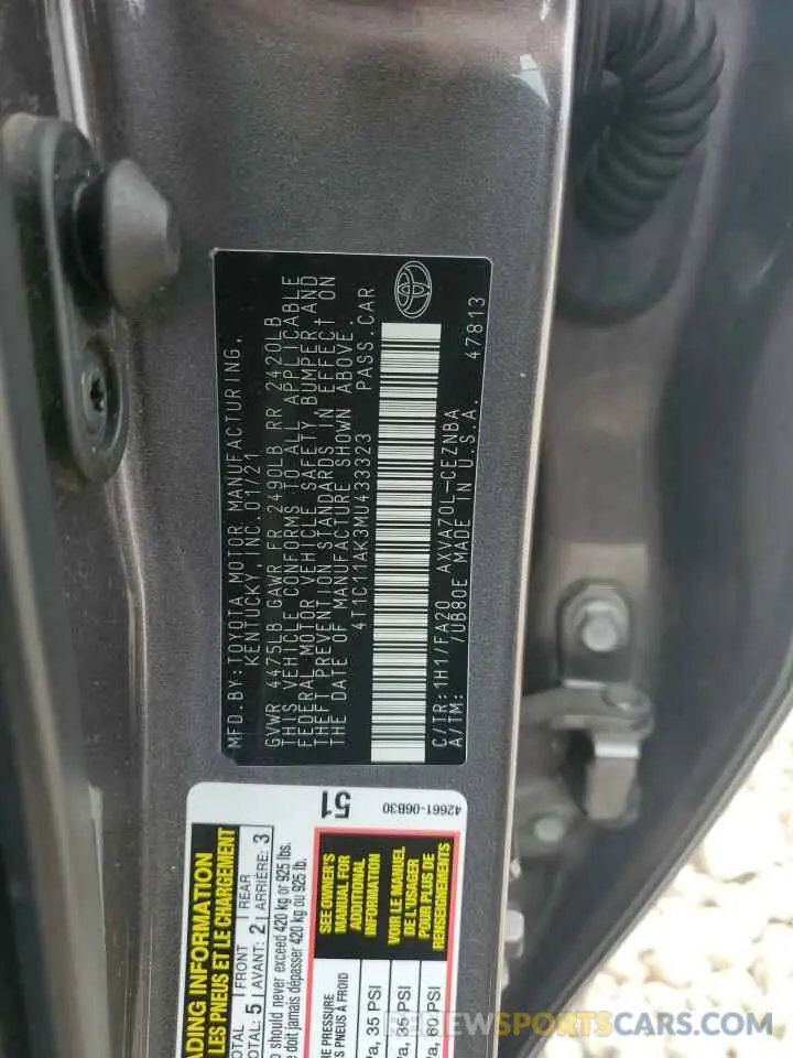 12 Photograph of a damaged car 4T1C11AK3MU433323 TOYOTA CAMRY 2021