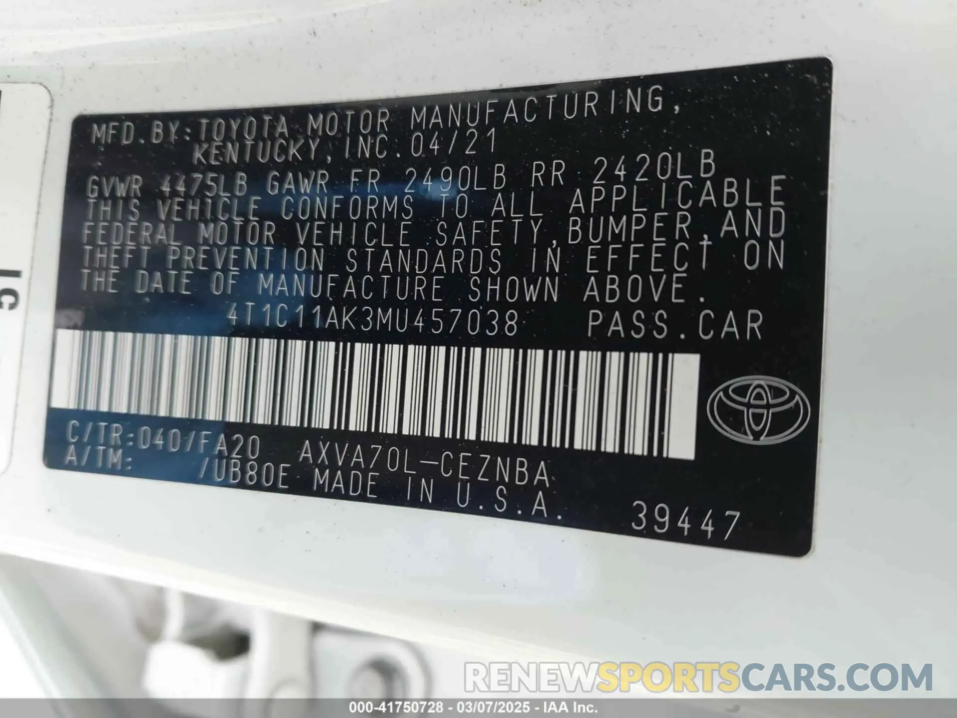 9 Фотография поврежденного автомобиля 4T1C11AK3MU457038 TOYOTA CAMRY 2021