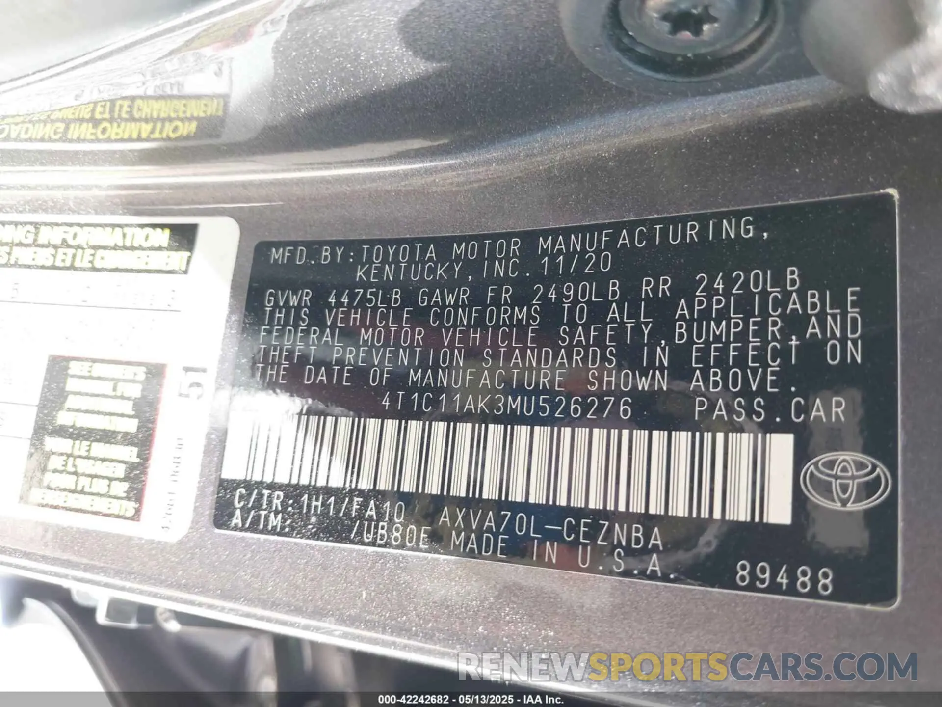 9 Фотография поврежденного автомобиля 4T1C11AK3MU526276 TOYOTA CAMRY 2021