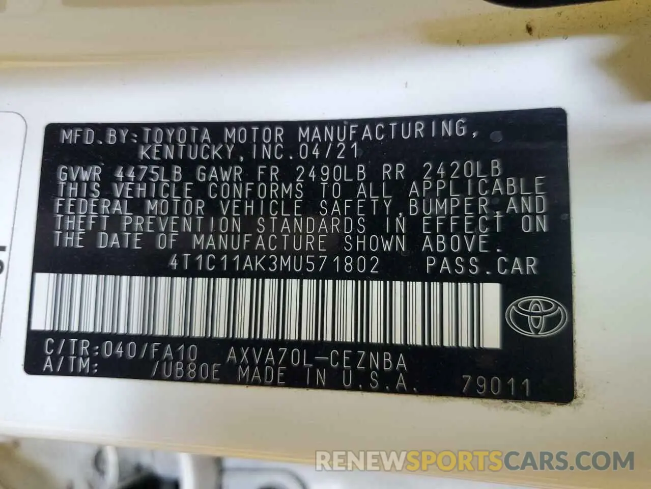 12 Фотография поврежденного автомобиля 4T1C11AK3MU571802 TOYOTA CAMRY 2021