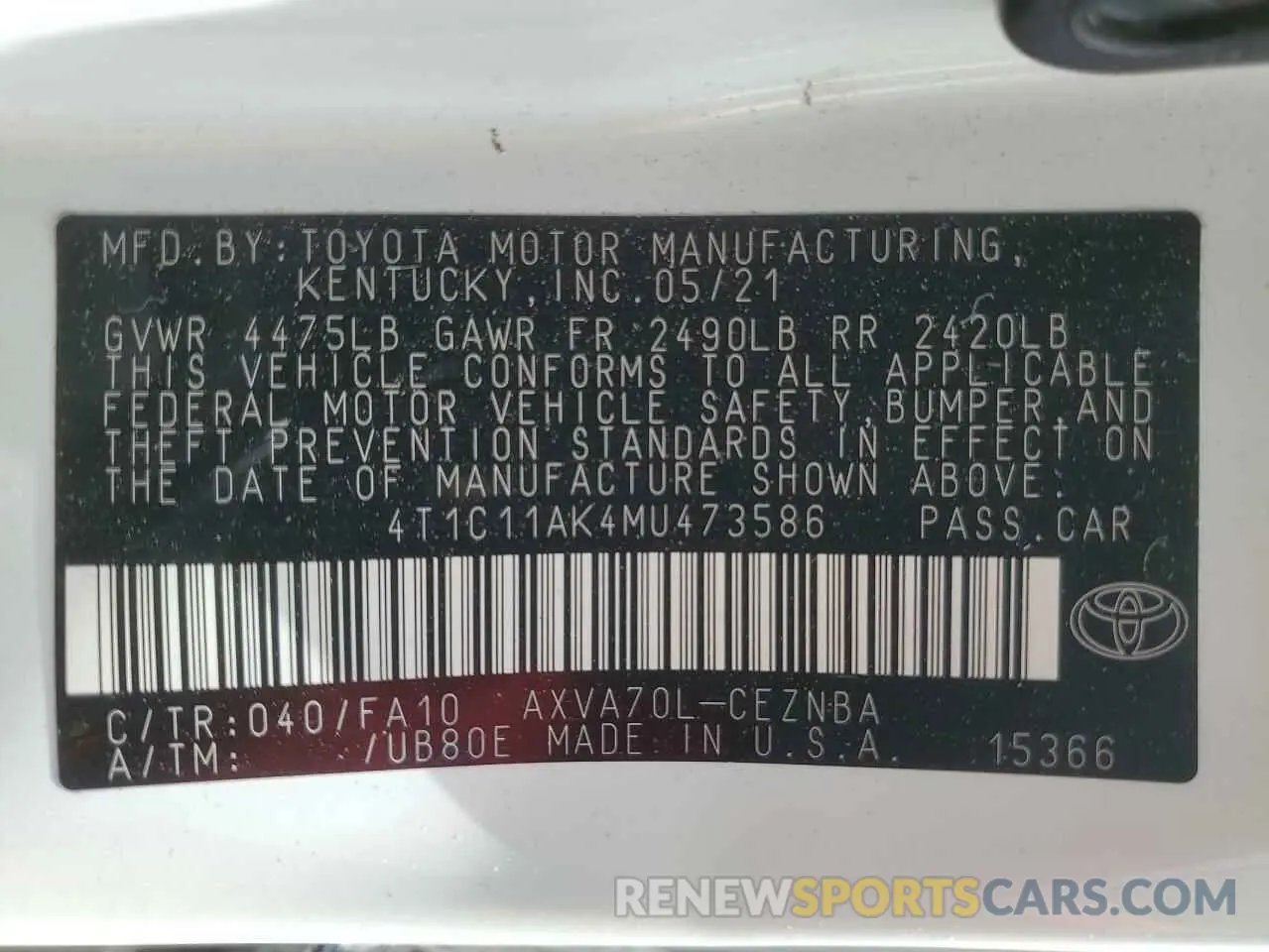 12 Photograph of a damaged car 4T1C11AK4MU473586 TOYOTA CAMRY 2021