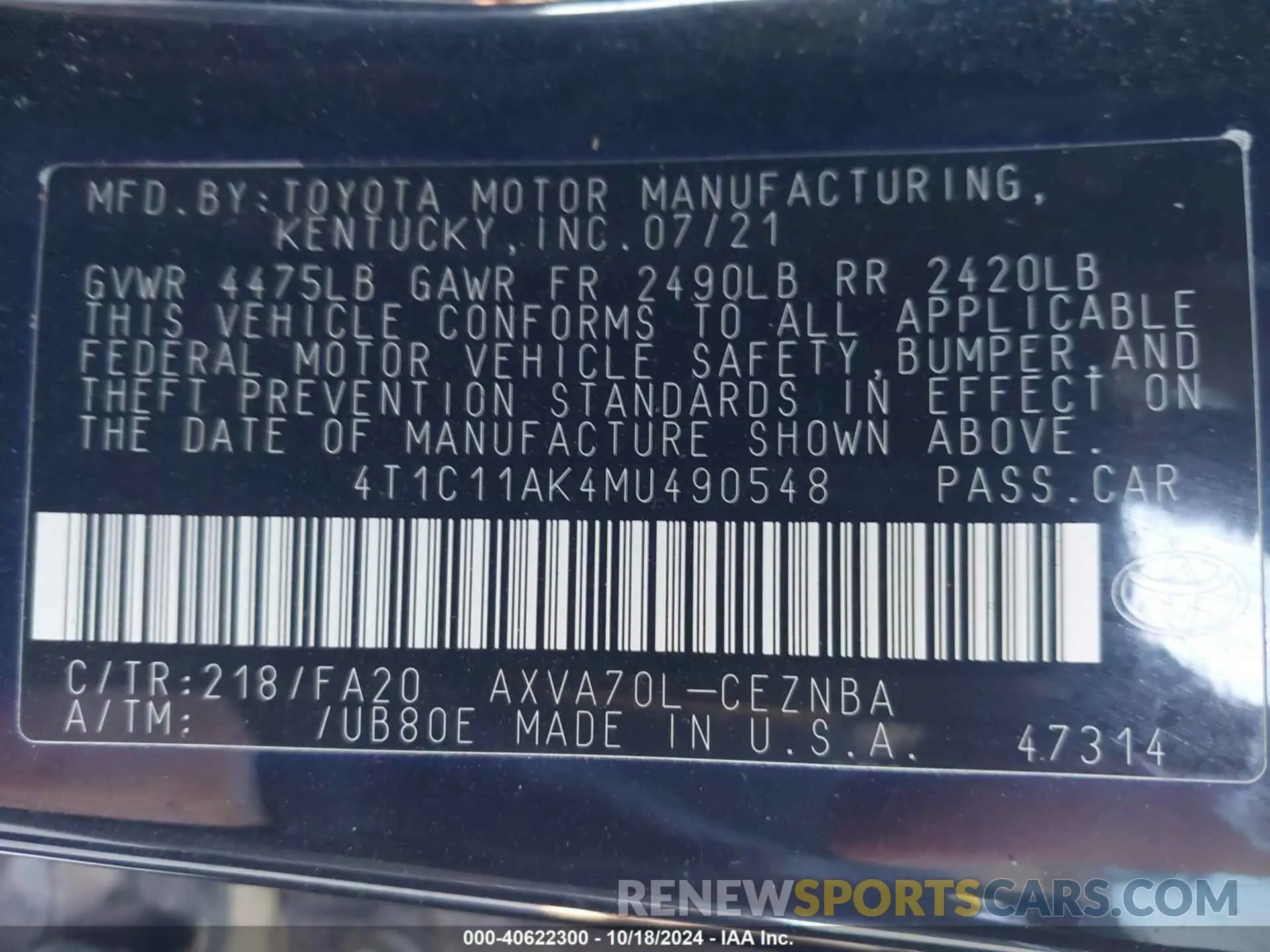9 Photograph of a damaged car 4T1C11AK4MU490548 TOYOTA CAMRY 2021