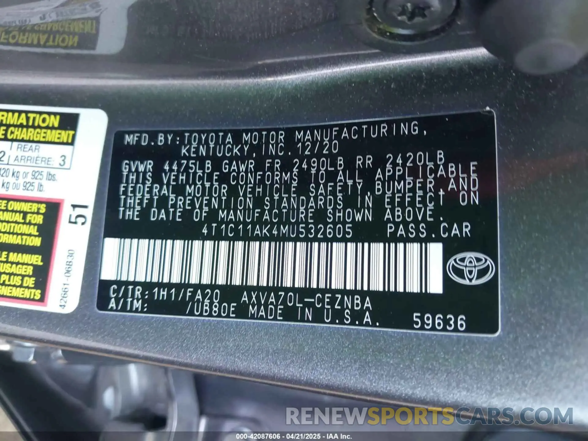9 Фотография поврежденного автомобиля 4T1C11AK4MU532605 TOYOTA CAMRY 2021