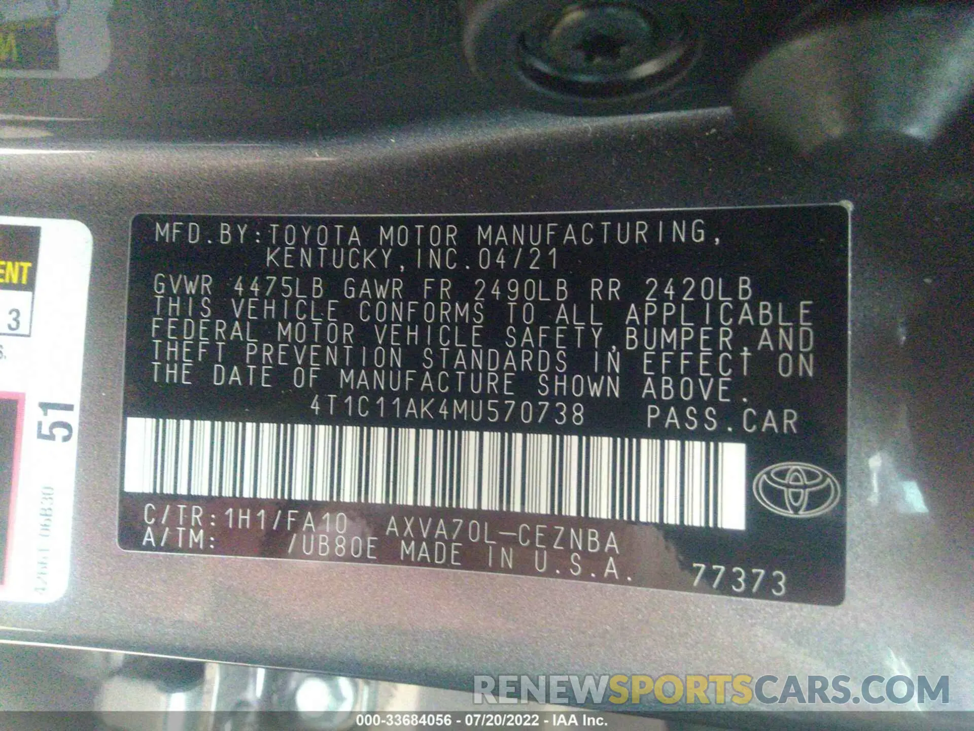 9 Фотография поврежденного автомобиля 4T1C11AK4MU570738 TOYOTA CAMRY 2021