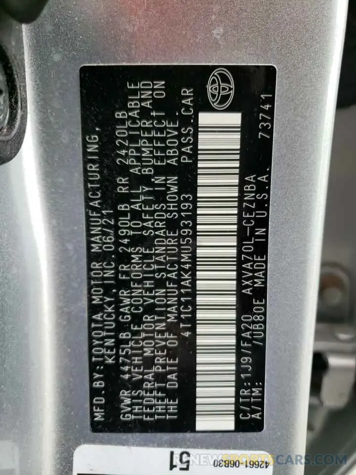 12 Photograph of a damaged car 4T1C11AK4MU593193 TOYOTA CAMRY 2021