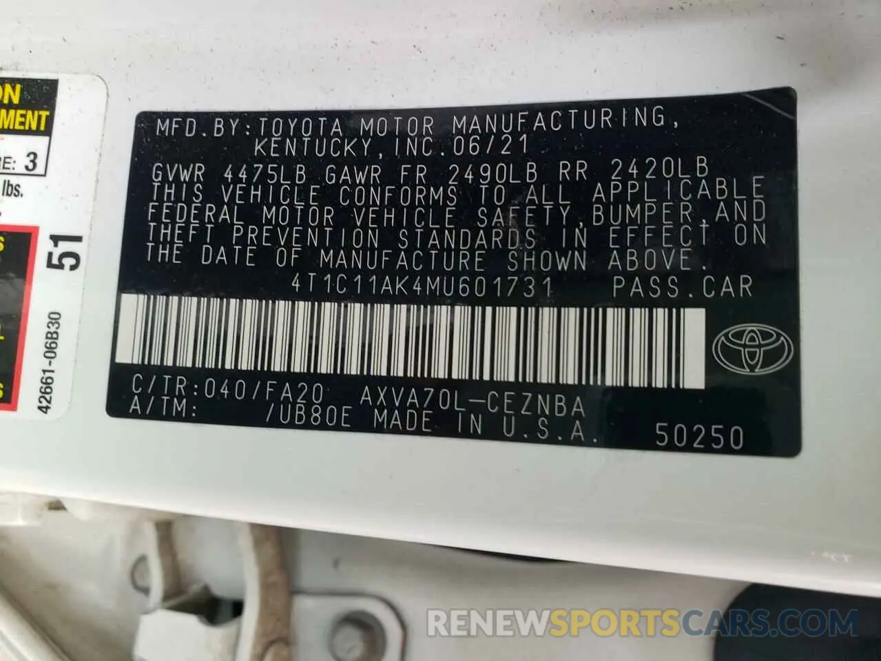 12 Фотография поврежденного автомобиля 4T1C11AK4MU601731 TOYOTA CAMRY 2021