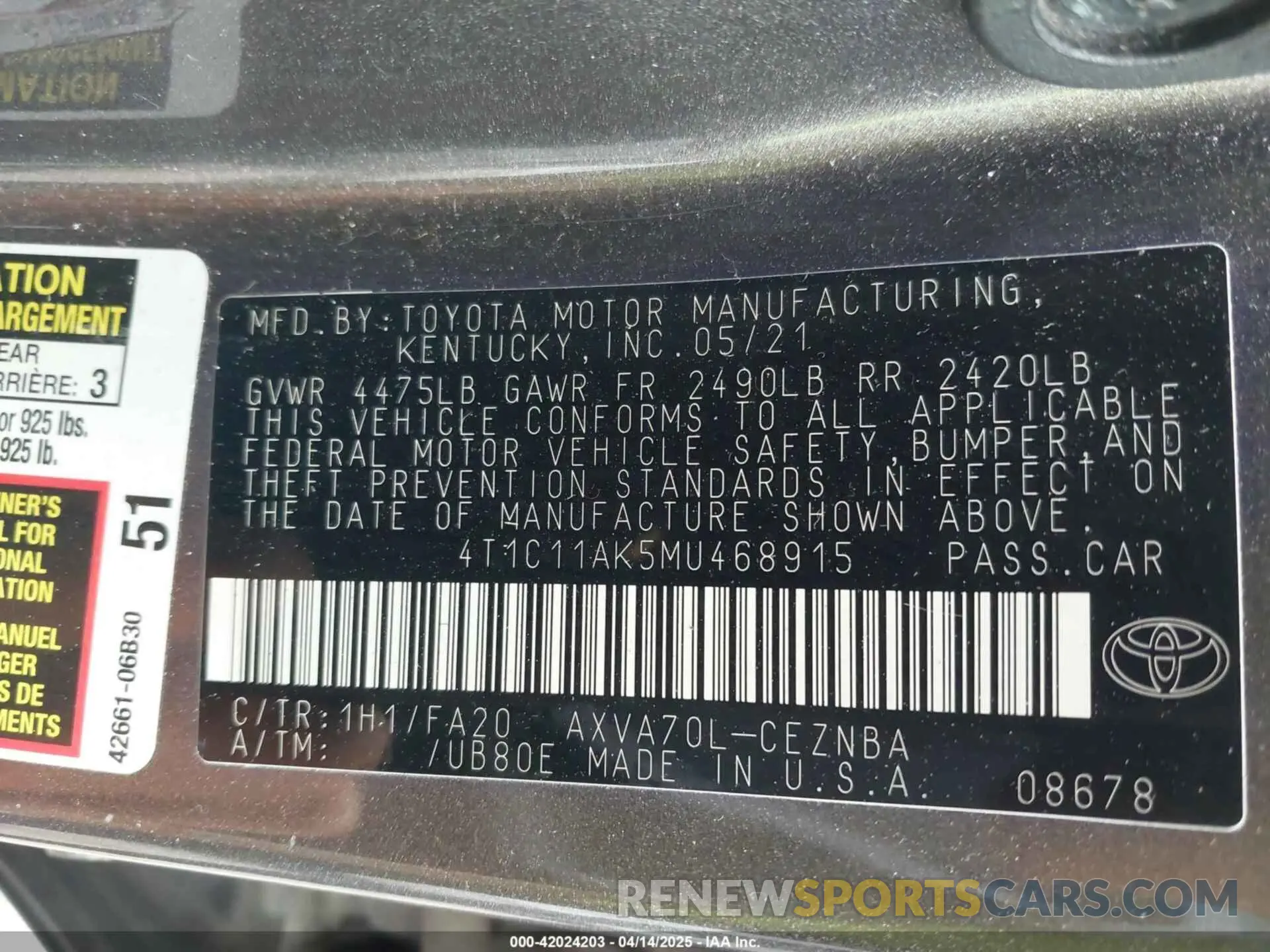 9 Photograph of a damaged car 4T1C11AK5MU468915 TOYOTA CAMRY 2021