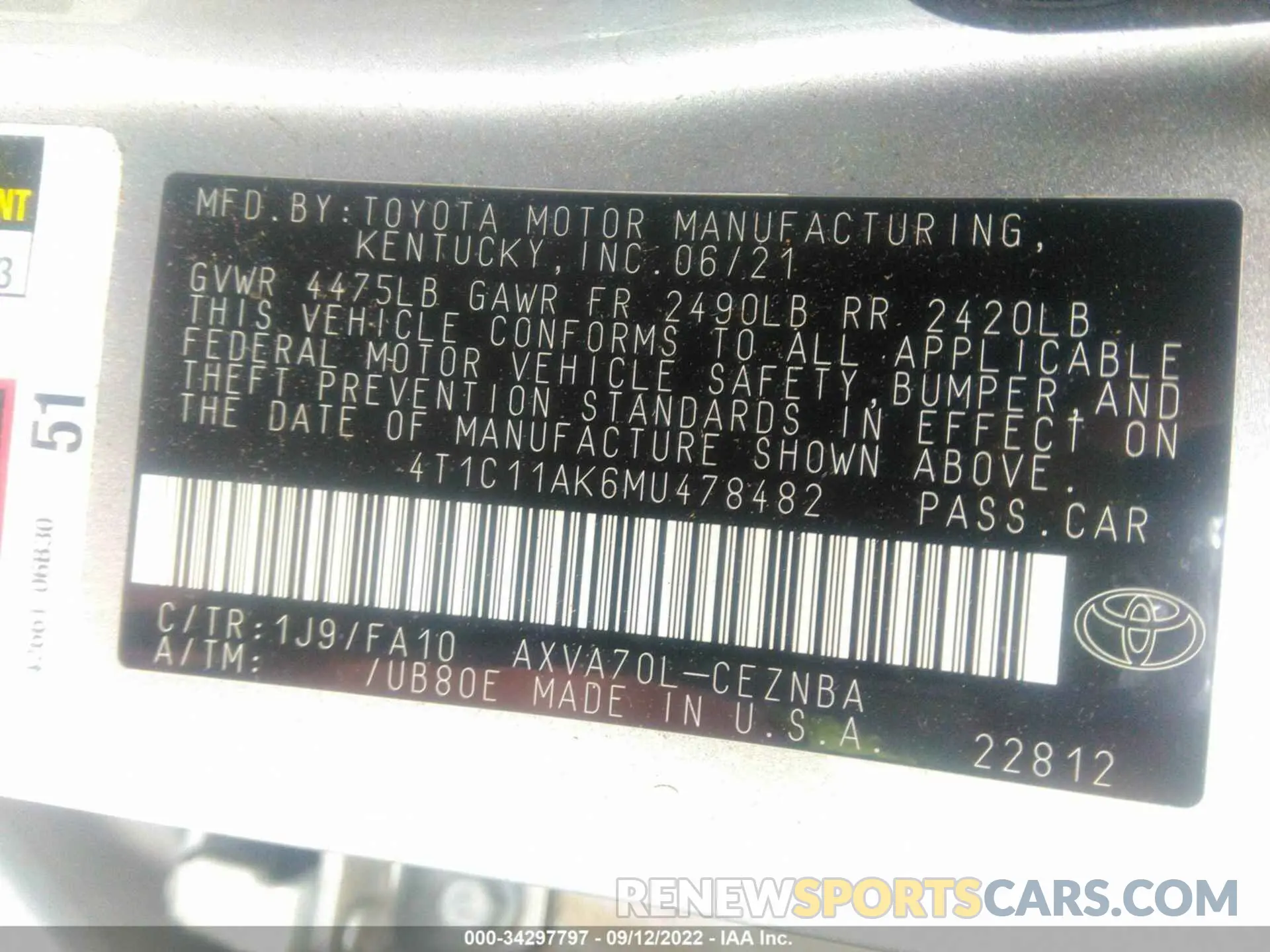 9 Photograph of a damaged car 4T1C11AK6MU478482 TOYOTA CAMRY 2021