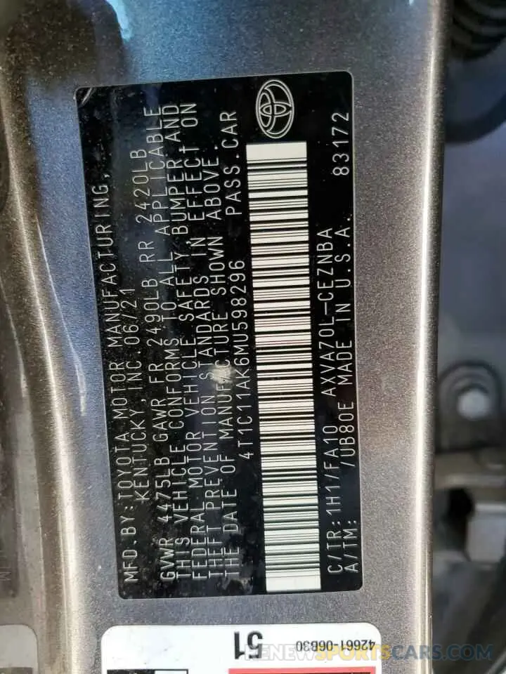 15 Photograph of a damaged car 4T1C11AK6MU598296 TOYOTA CAMRY 2021