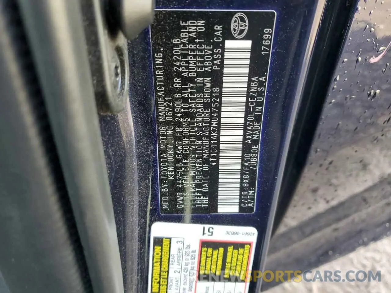 13 Photograph of a damaged car 4T1C11AK7MU475218 TOYOTA CAMRY 2021