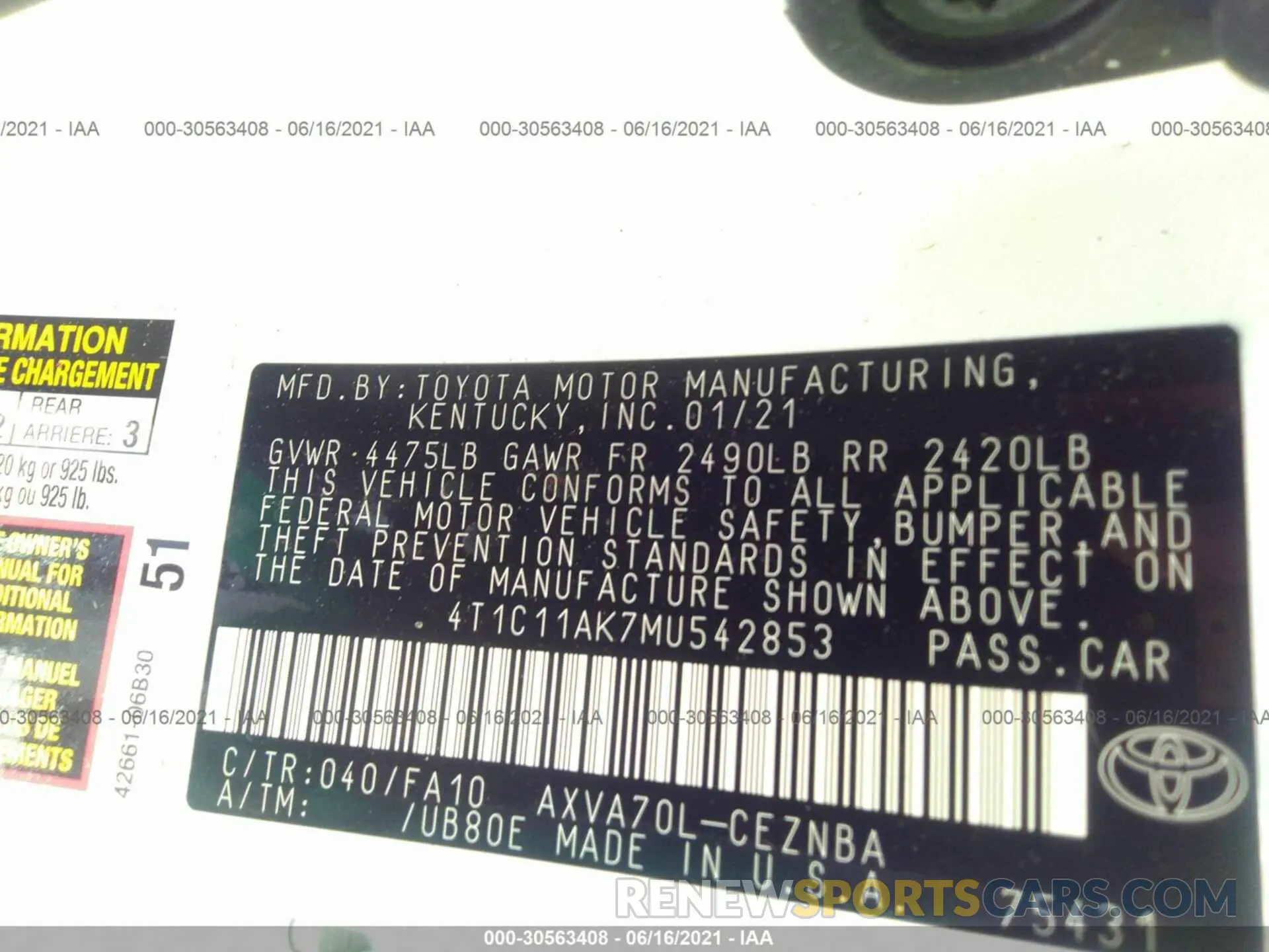 9 Photograph of a damaged car 4T1C11AK7MU542853 TOYOTA CAMRY 2021