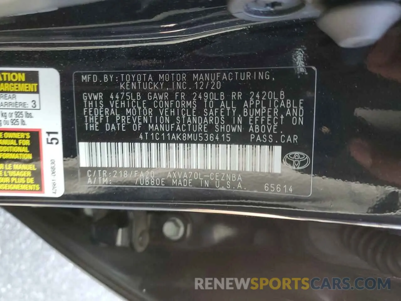 12 Фотография поврежденного автомобиля 4T1C11AK8MU536415 TOYOTA CAMRY 2021