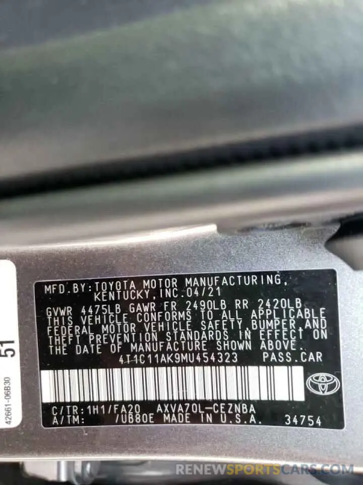 10 Photograph of a damaged car 4T1C11AK9MU454323 TOYOTA CAMRY 2021