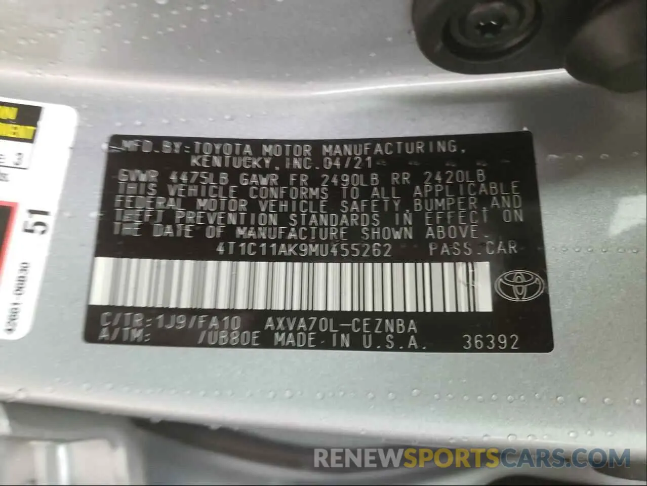 10 Photograph of a damaged car 4T1C11AK9MU455262 TOYOTA CAMRY 2021