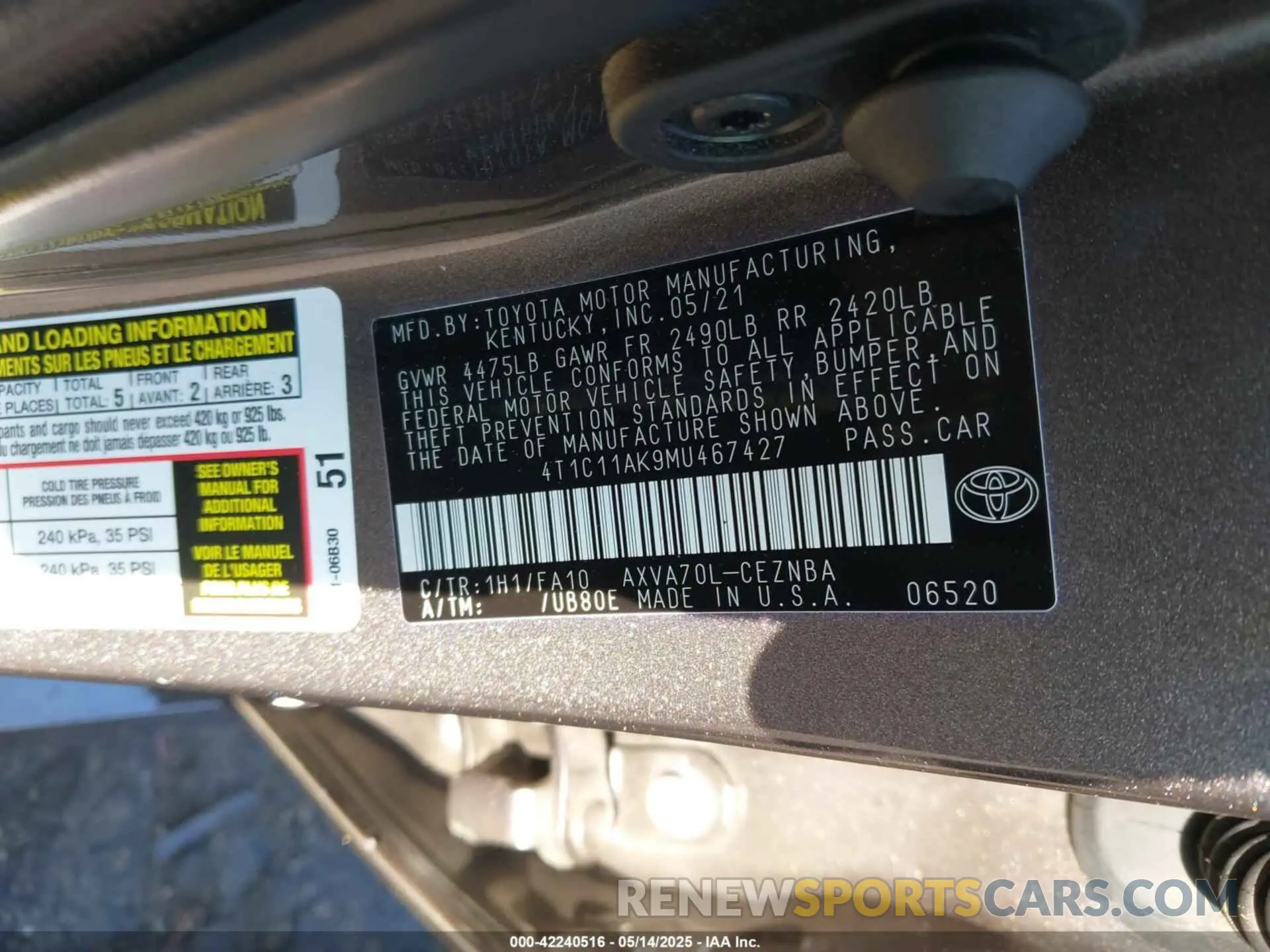 9 Фотография поврежденного автомобиля 4T1C11AK9MU467427 TOYOTA CAMRY 2021