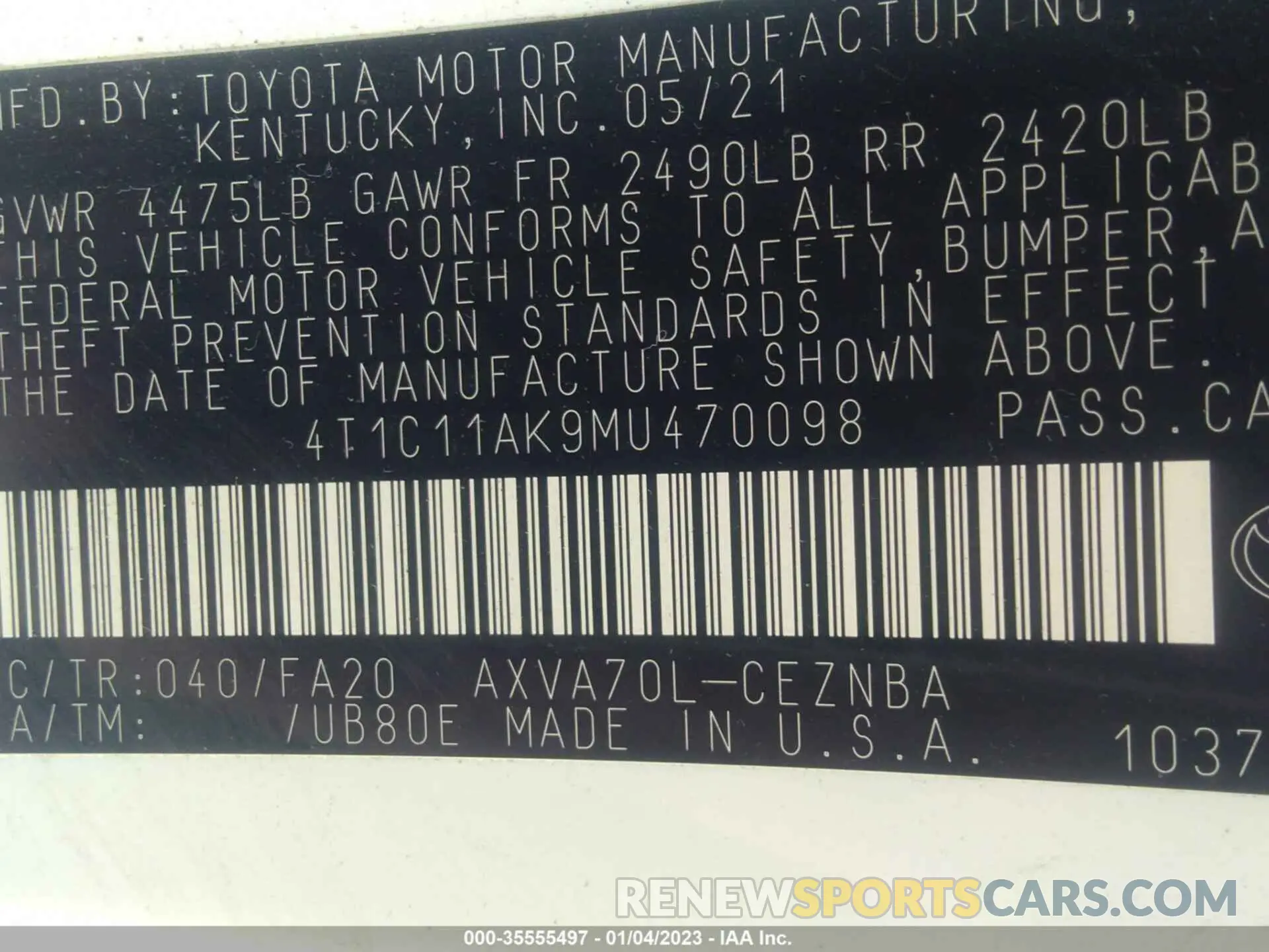 9 Фотография поврежденного автомобиля 4T1C11AK9MU470098 TOYOTA CAMRY 2021