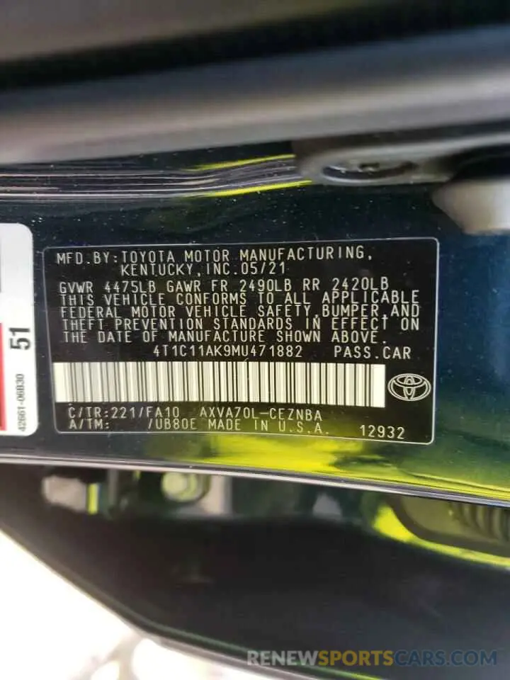 10 Фотография поврежденного автомобиля 4T1C11AK9MU471882 TOYOTA CAMRY 2021