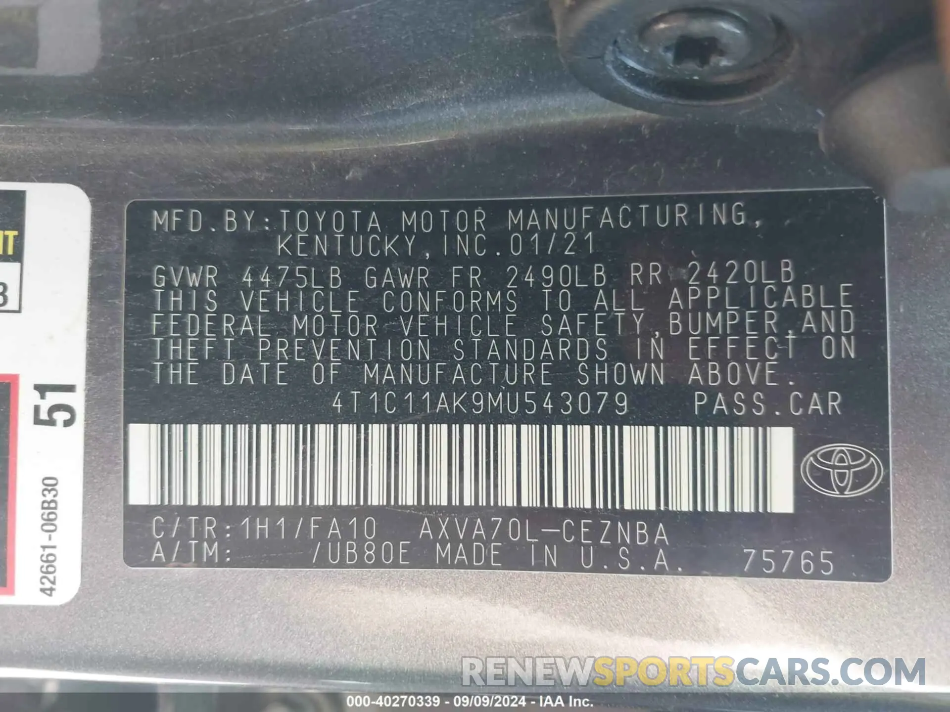 9 Photograph of a damaged car 4T1C11AK9MU543079 TOYOTA CAMRY 2021