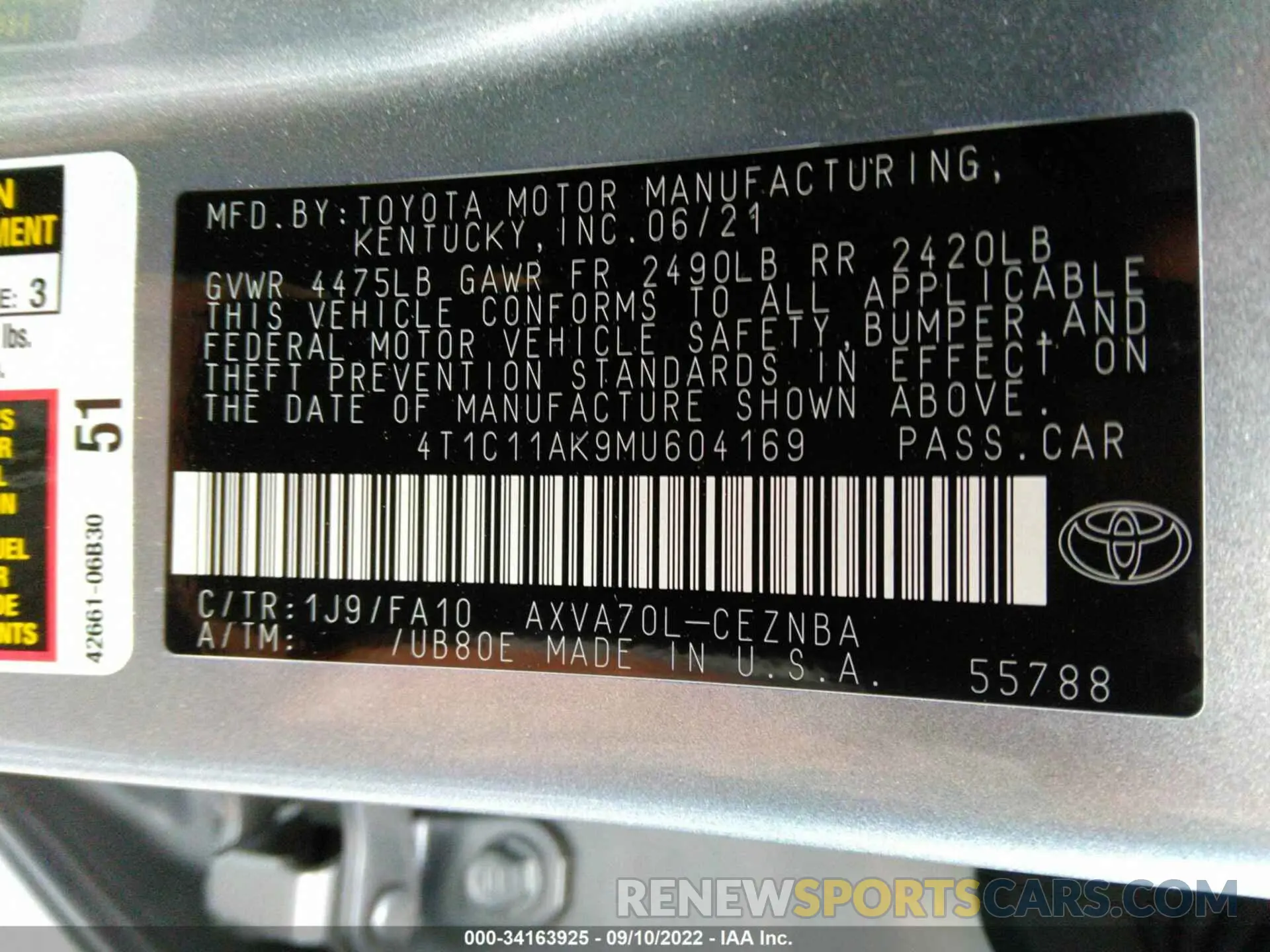 9 Фотография поврежденного автомобиля 4T1C11AK9MU604169 TOYOTA CAMRY 2021