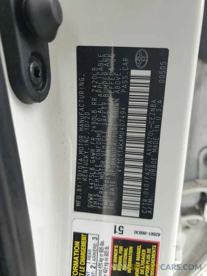 12 Фотография поврежденного автомобиля 4T1C11AKXMU407494 TOYOTA CAMRY 2021