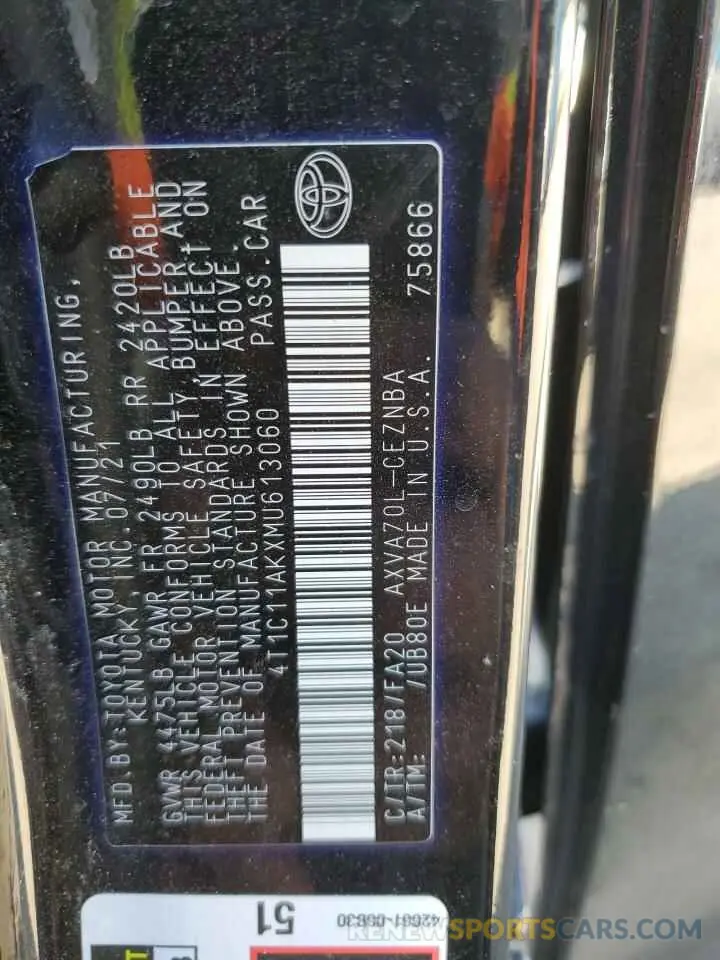 12 Фотография поврежденного автомобиля 4T1C11AKXMU613060 TOYOTA CAMRY 2021