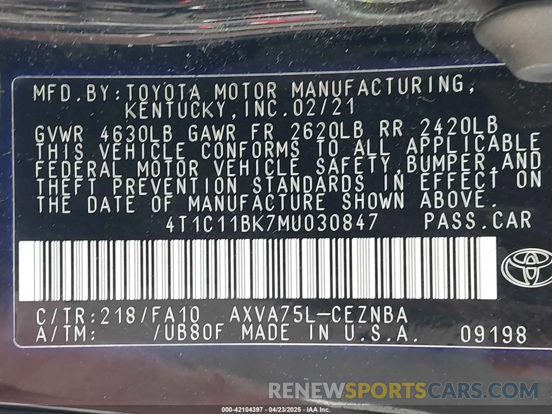 9 Photograph of a damaged car 4T1C11BK7MU030847 TOYOTA CAMRY 2021