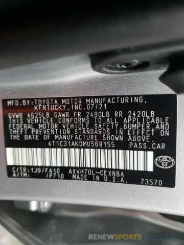 10 Photograph of a damaged car 4T1C31AK0MU568155 TOYOTA CAMRY 2021