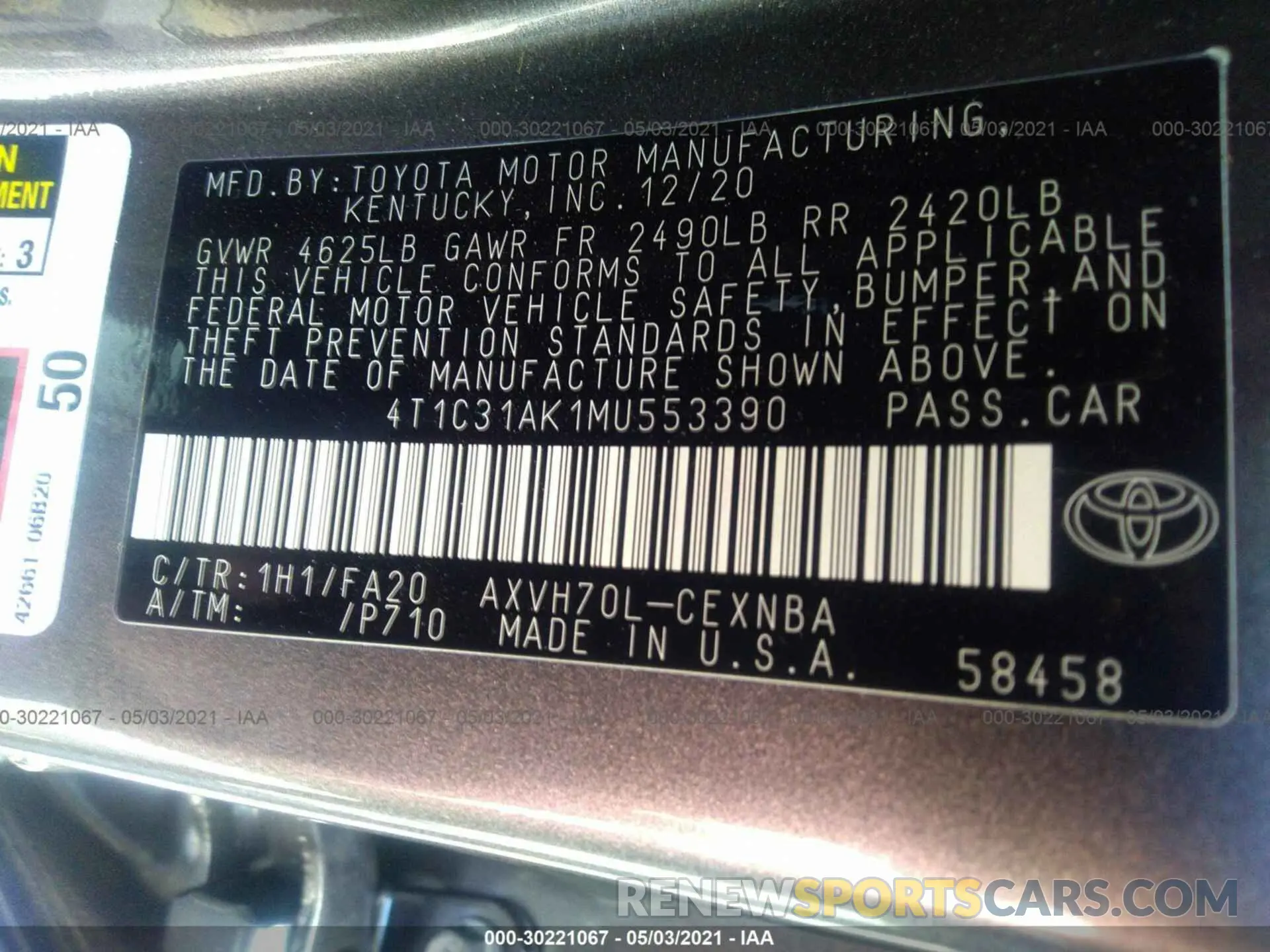 9 Photograph of a damaged car 4T1C31AK1MU553390 TOYOTA CAMRY 2021