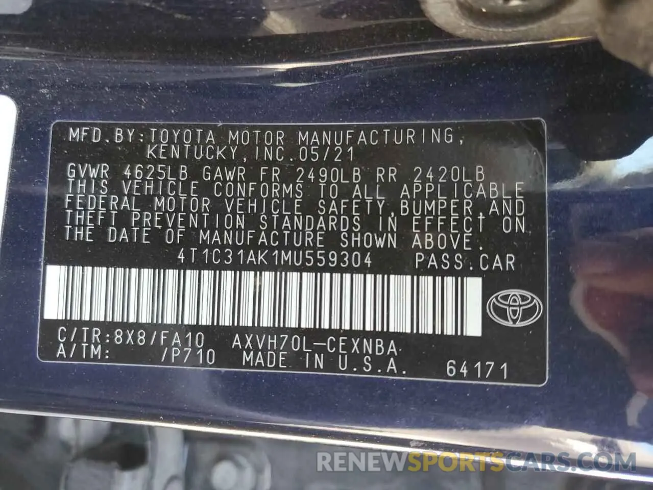 12 Photograph of a damaged car 4T1C31AK1MU559304 TOYOTA CAMRY 2021