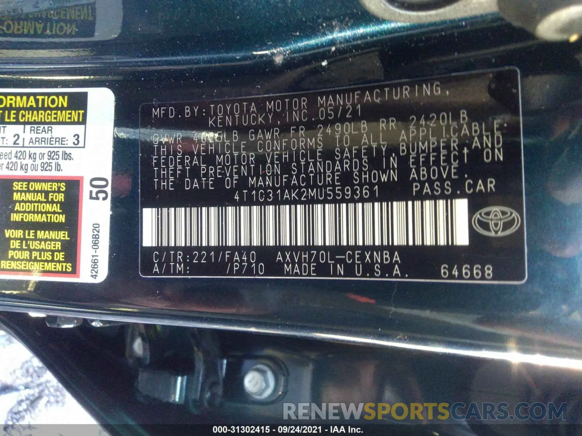 9 Photograph of a damaged car 4T1C31AK2MU559361 TOYOTA CAMRY 2021