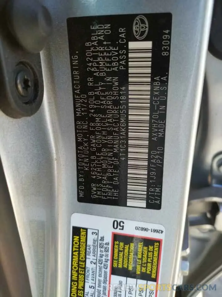 10 Photograph of a damaged car 4T1C31AK6MU551814 TOYOTA CAMRY 2021