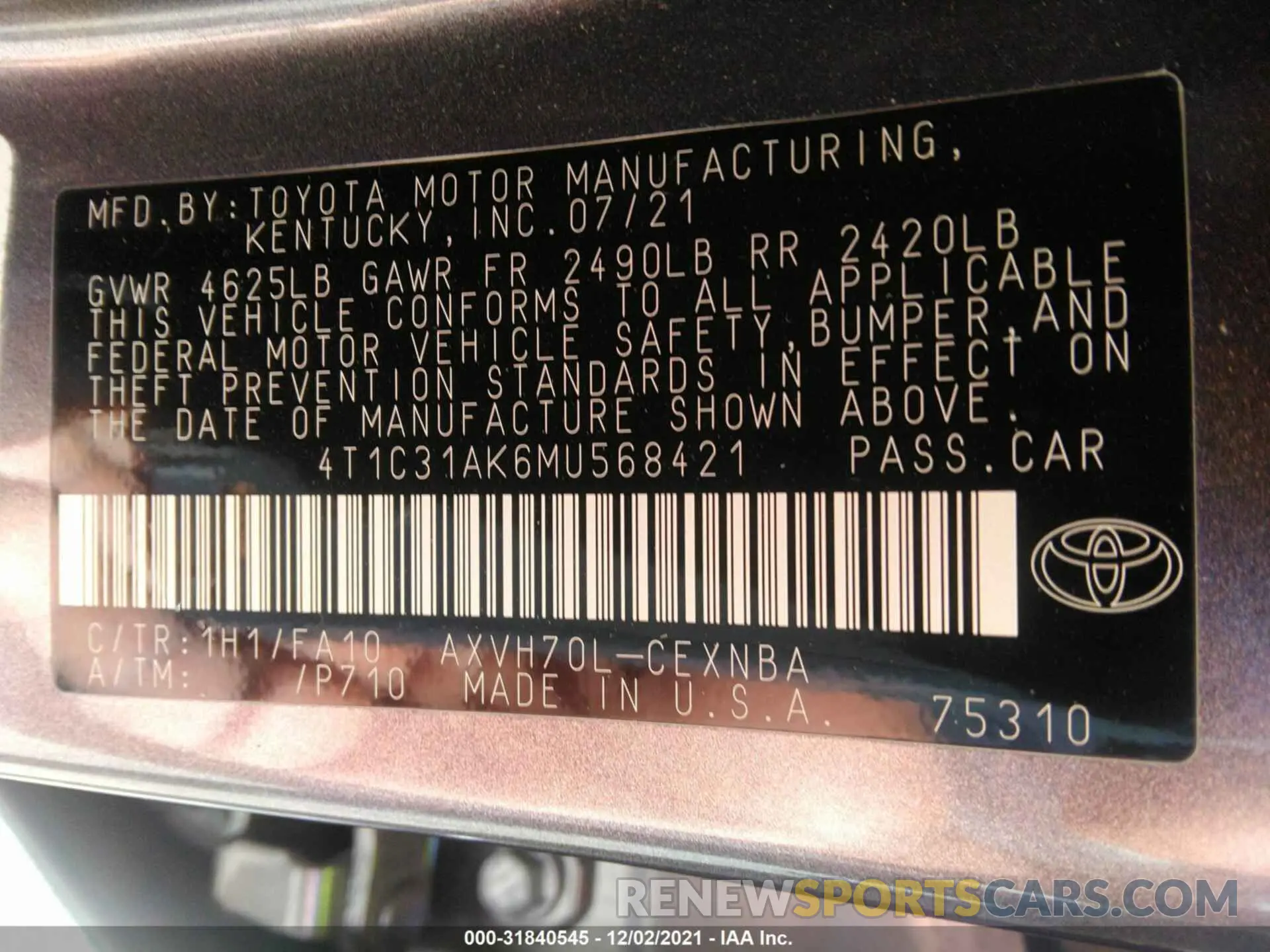 9 Photograph of a damaged car 4T1C31AK6MU568421 TOYOTA CAMRY 2021