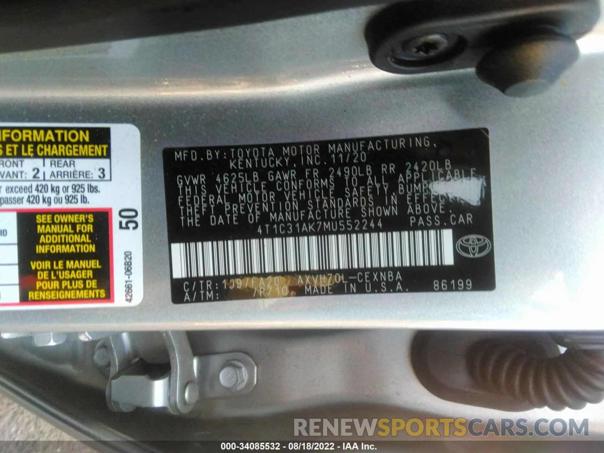 9 Фотография поврежденного автомобиля 4T1C31AK7MU552244 TOYOTA CAMRY 2021