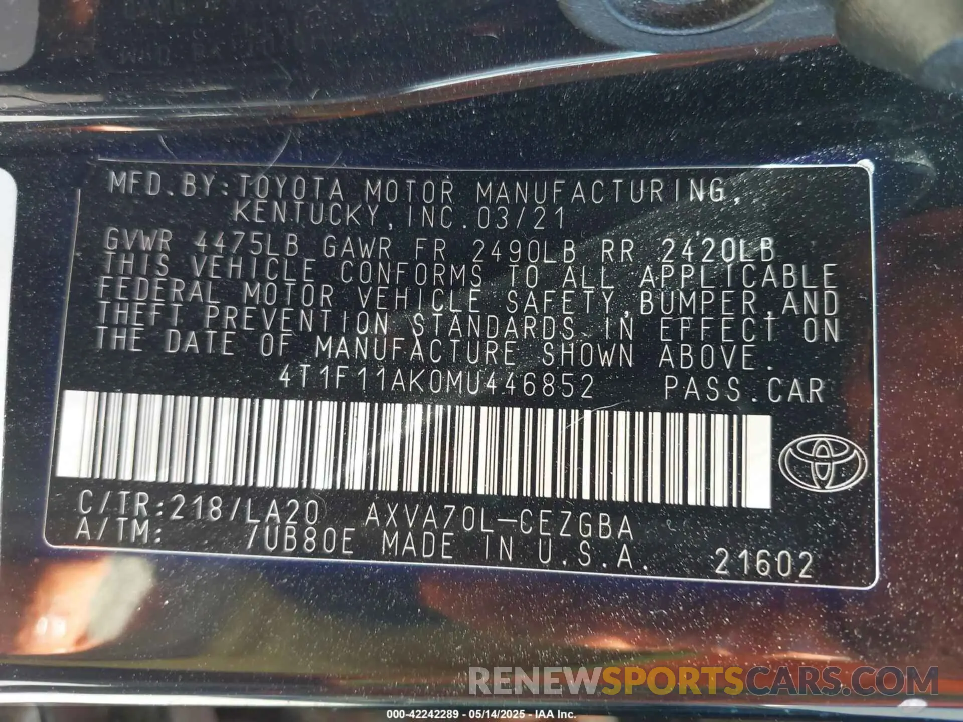 9 Фотография поврежденного автомобиля 4T1F11AK0MU446852 TOYOTA CAMRY 2021