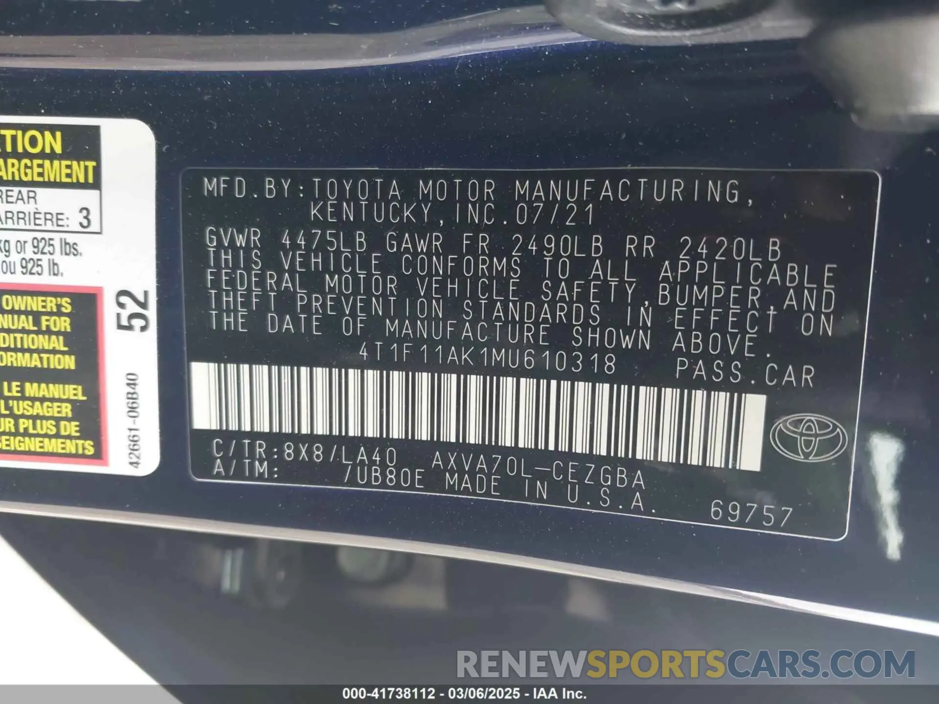 9 Фотография поврежденного автомобиля 4T1F11AK1MU610318 TOYOTA CAMRY 2021
