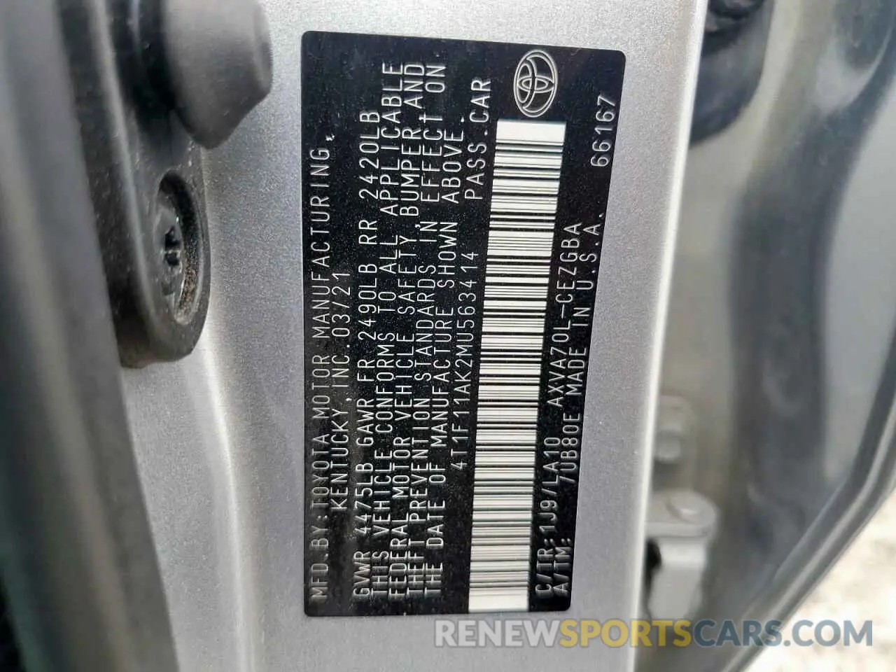 13 Photograph of a damaged car 4T1F11AK2MU563414 TOYOTA CAMRY 2021