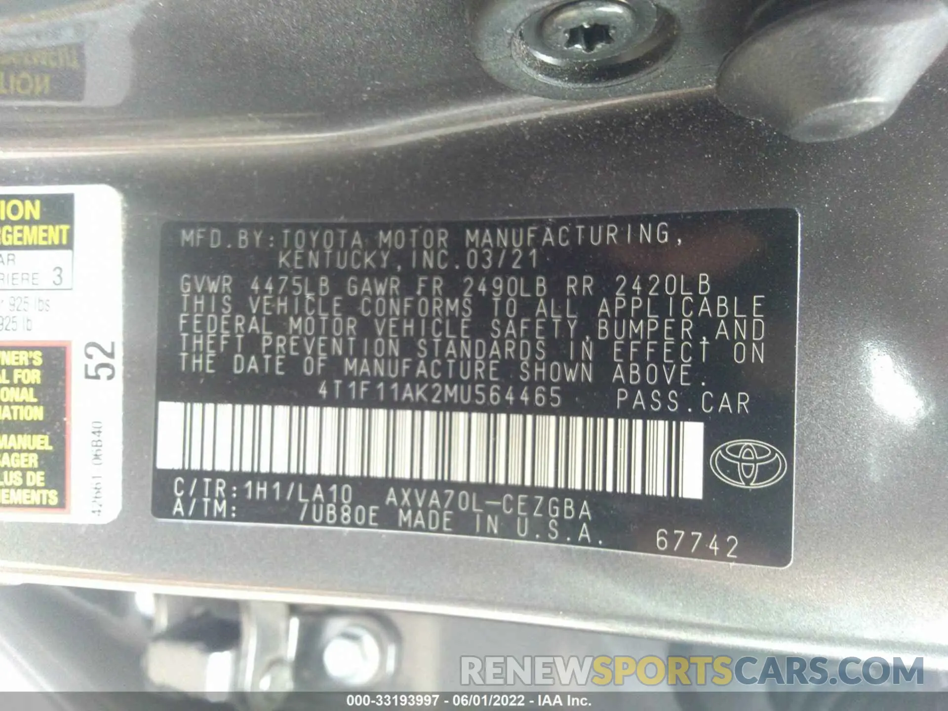 9 Фотография поврежденного автомобиля 4T1F11AK2MU564465 TOYOTA CAMRY 2021