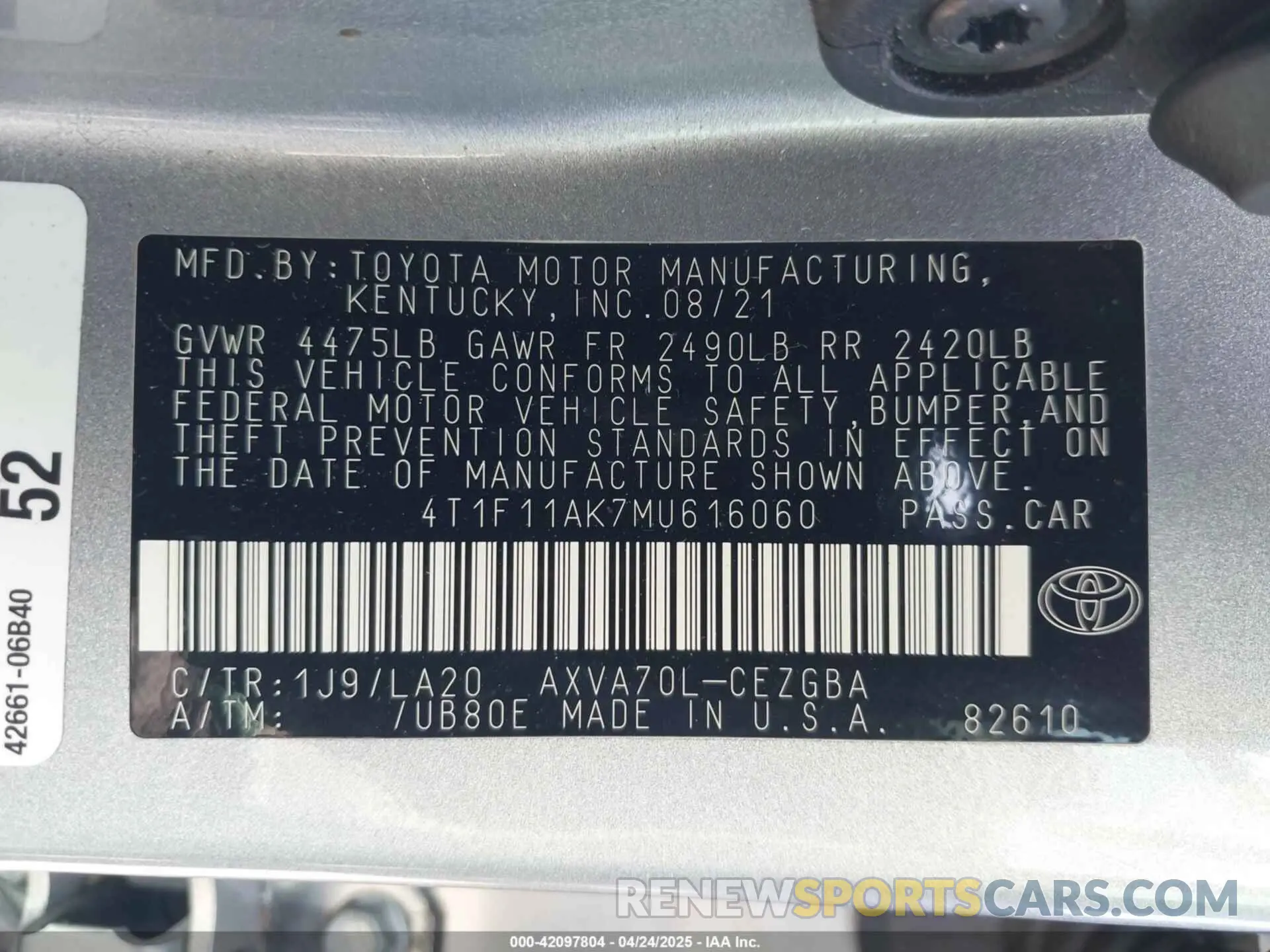 9 Photograph of a damaged car 4T1F11AK7MU616060 TOYOTA CAMRY 2021