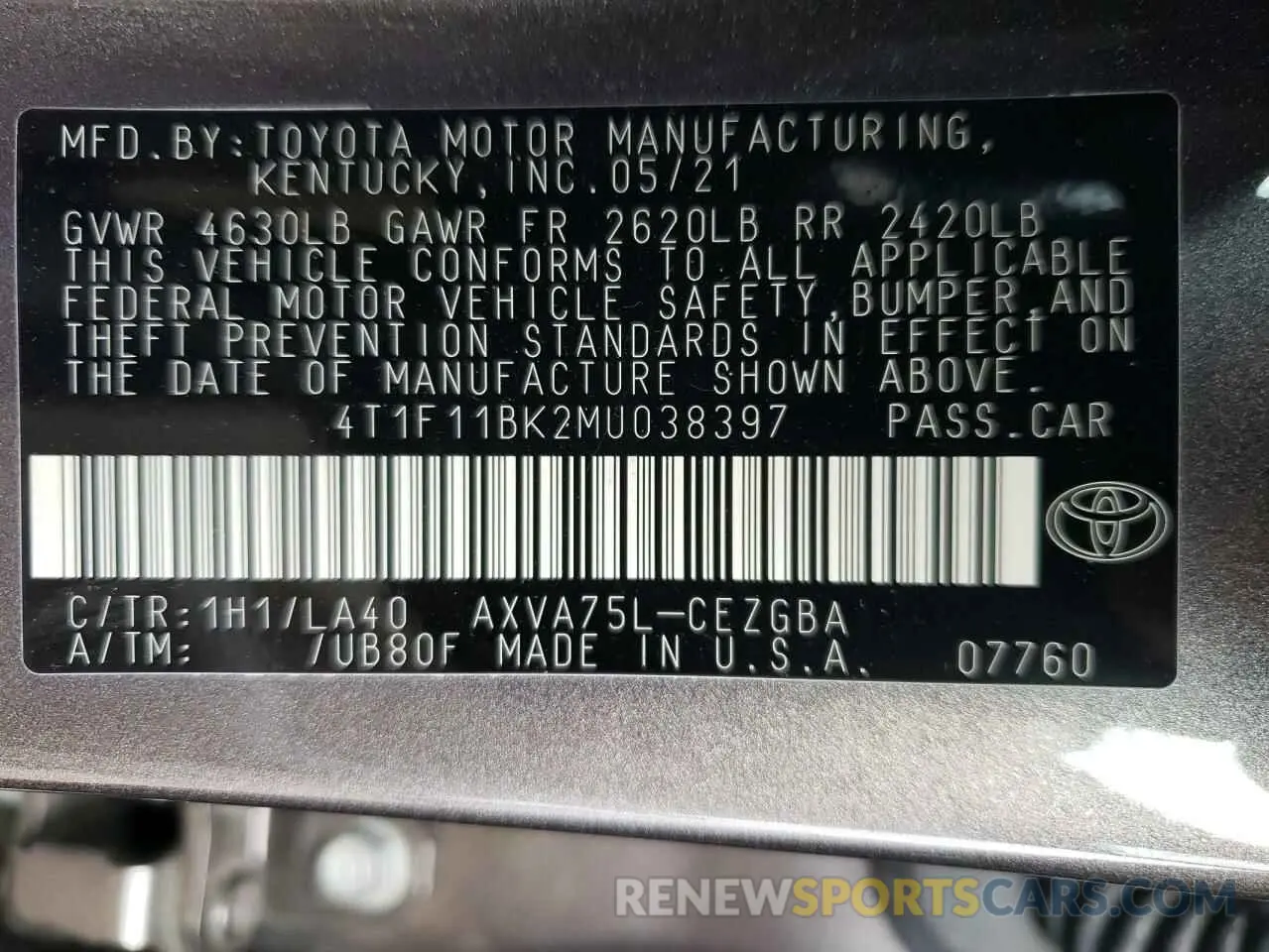 12 Photograph of a damaged car 4T1F11BK2MU038397 TOYOTA CAMRY 2021