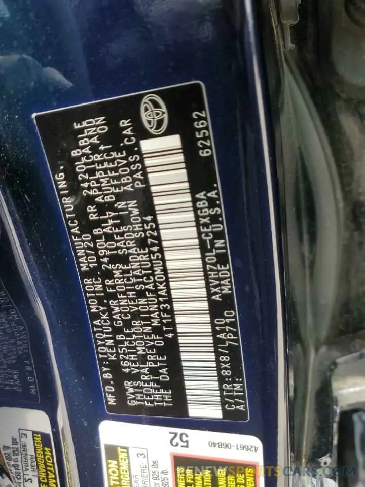12 Photograph of a damaged car 4T1F31AK0MU547254 TOYOTA CAMRY 2021