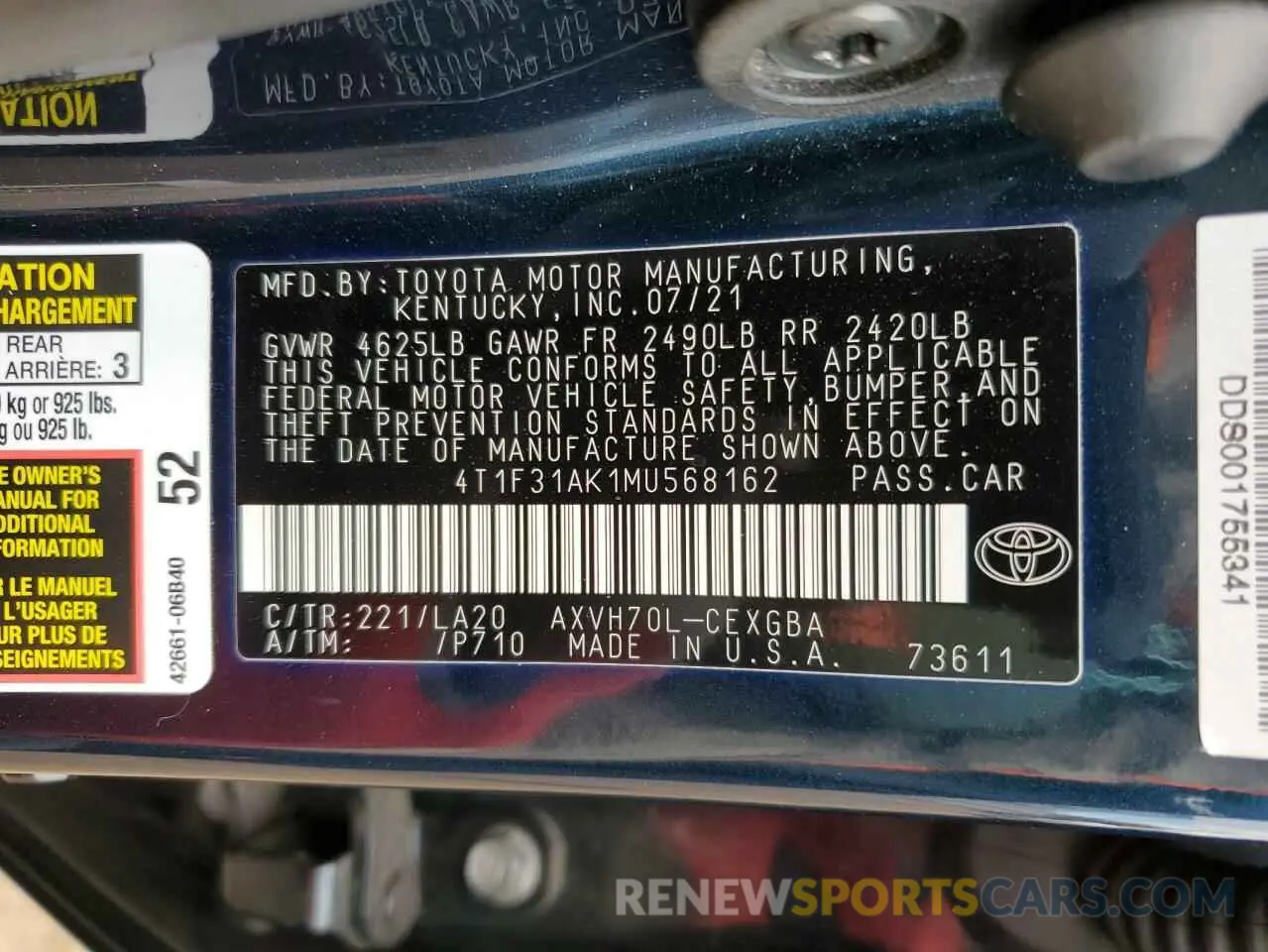 13 Photograph of a damaged car 4T1F31AK1MU568162 TOYOTA CAMRY 2021