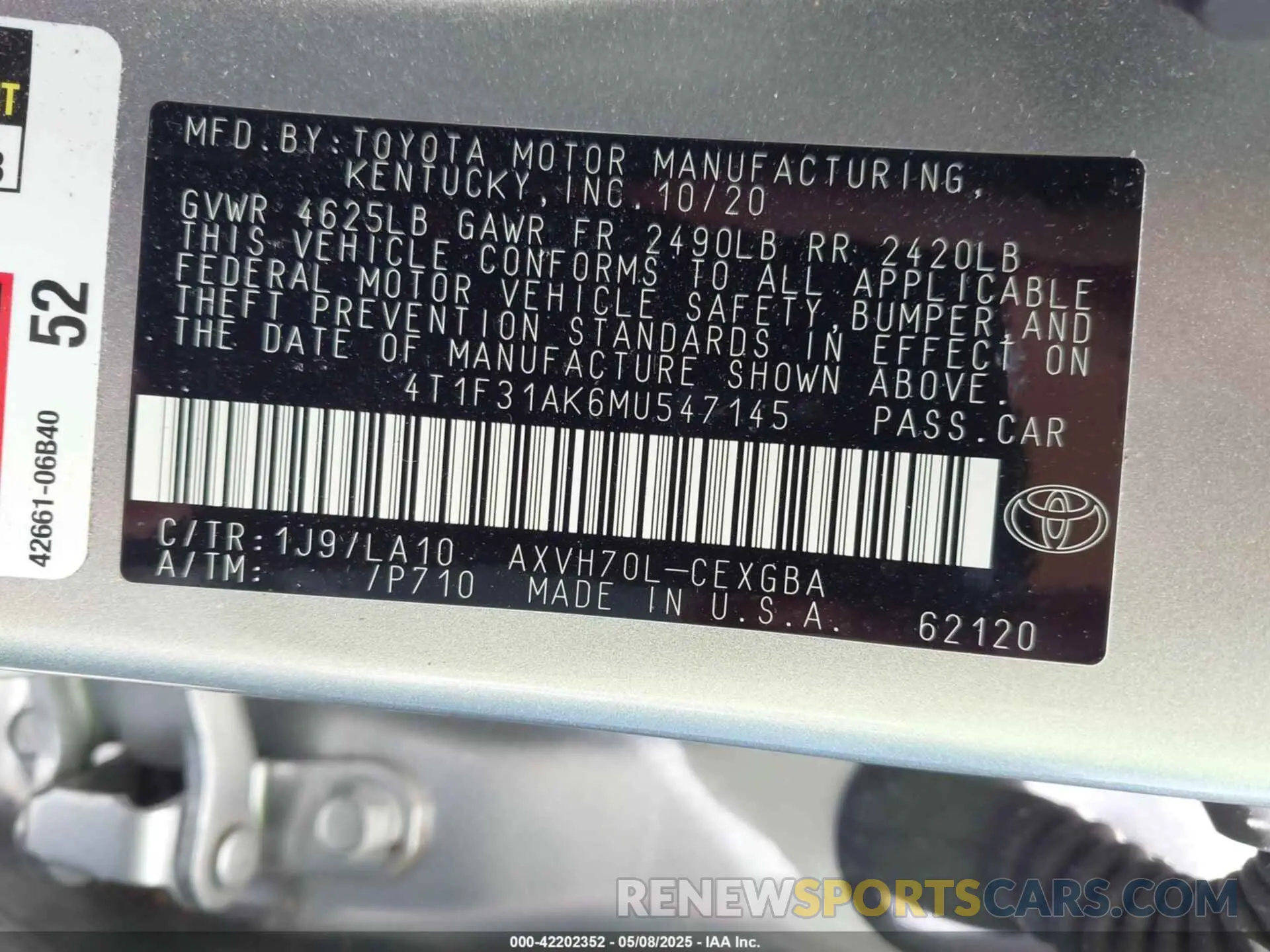9 Фотография поврежденного автомобиля 4T1F31AK6MU547145 TOYOTA CAMRY 2021