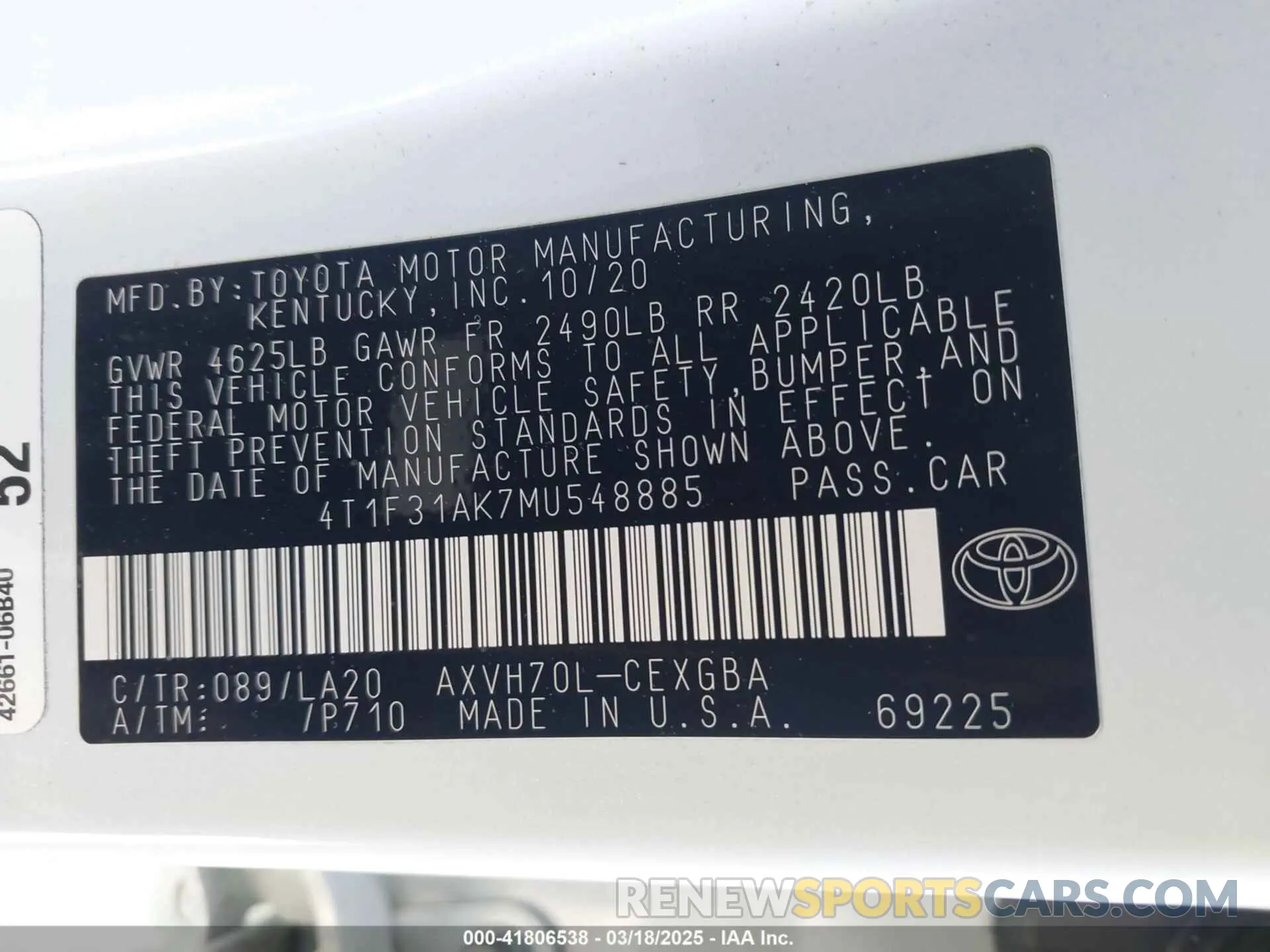 9 Фотография поврежденного автомобиля 4T1F31AK7MU548885 TOYOTA CAMRY 2021