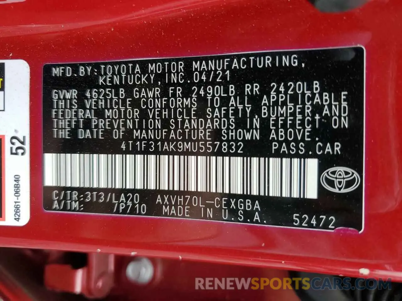 12 Photograph of a damaged car 4T1F31AK9MU557832 TOYOTA CAMRY 2021