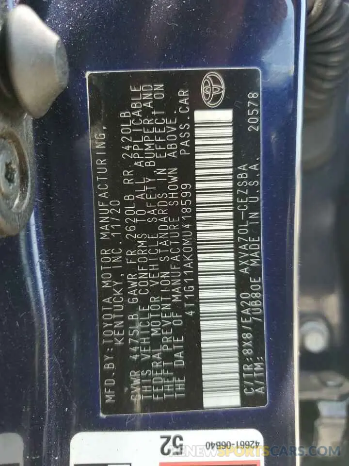 13 Photograph of a damaged car 4T1G11AK0MU418599 TOYOTA CAMRY 2021