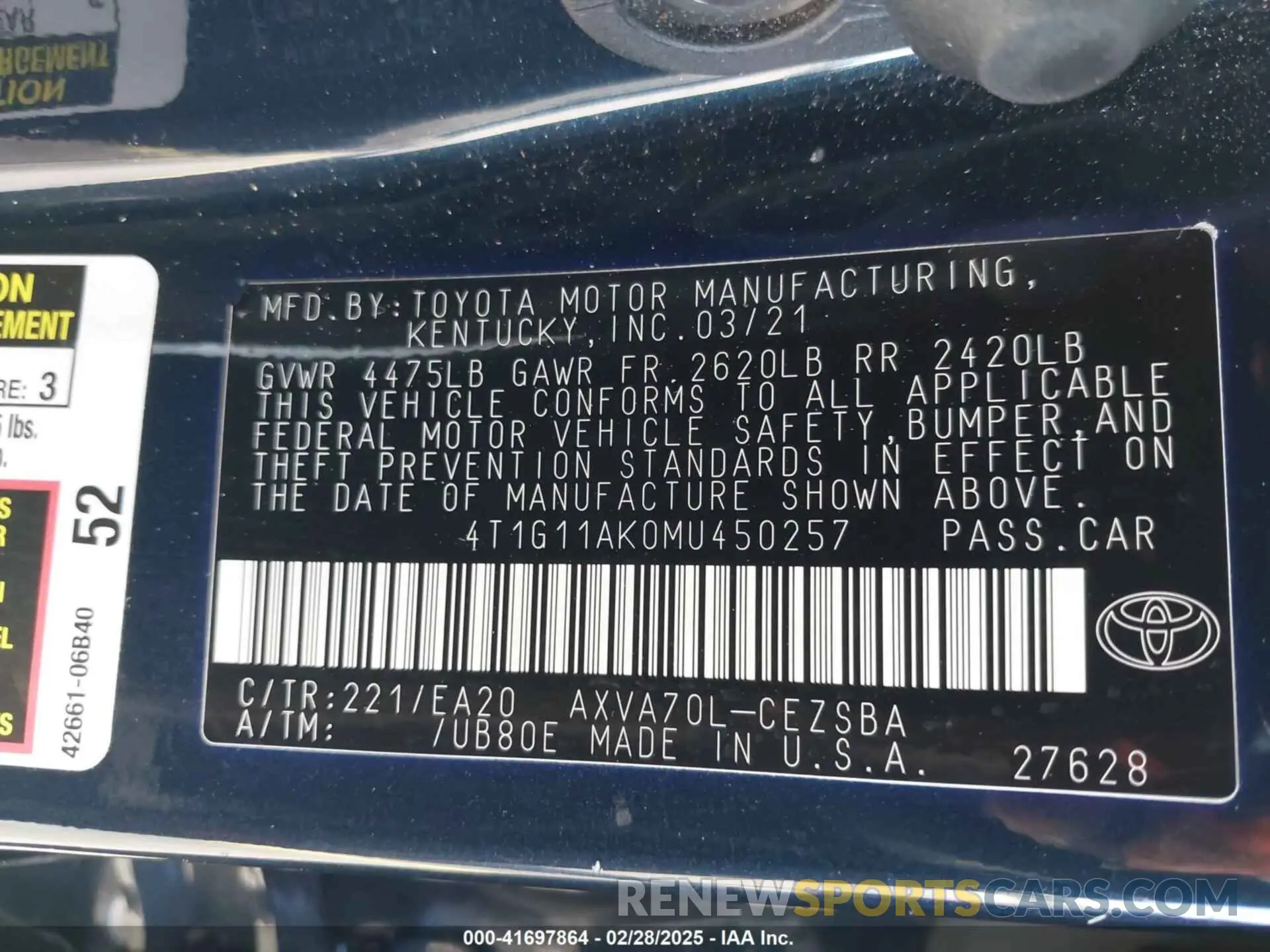 9 Фотография поврежденного автомобиля 4T1G11AK0MU450257 TOYOTA CAMRY 2021