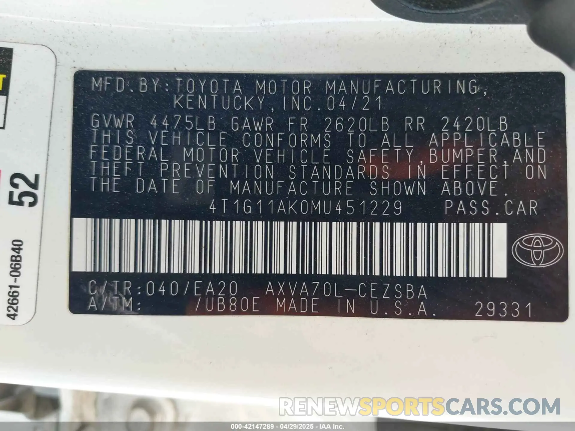 9 Фотография поврежденного автомобиля 4T1G11AK0MU451229 TOYOTA CAMRY 2021