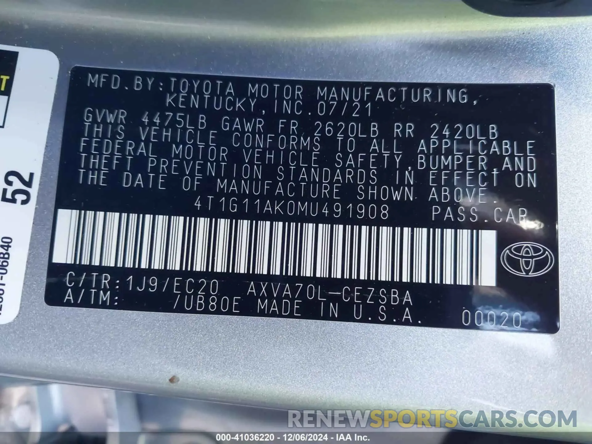 9 Photograph of a damaged car 4T1G11AK0MU491908 TOYOTA CAMRY 2021