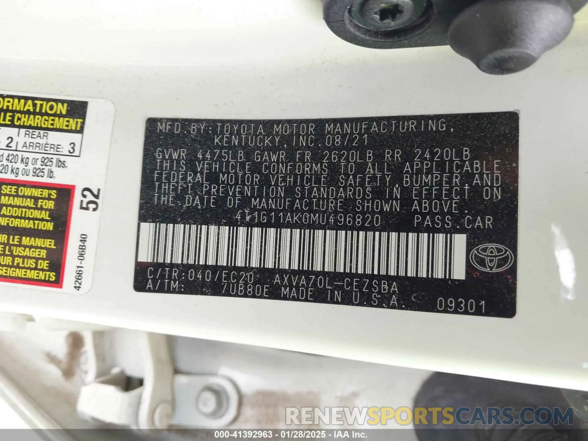 9 Фотография поврежденного автомобиля 4T1G11AK0MU496820 TOYOTA CAMRY 2021